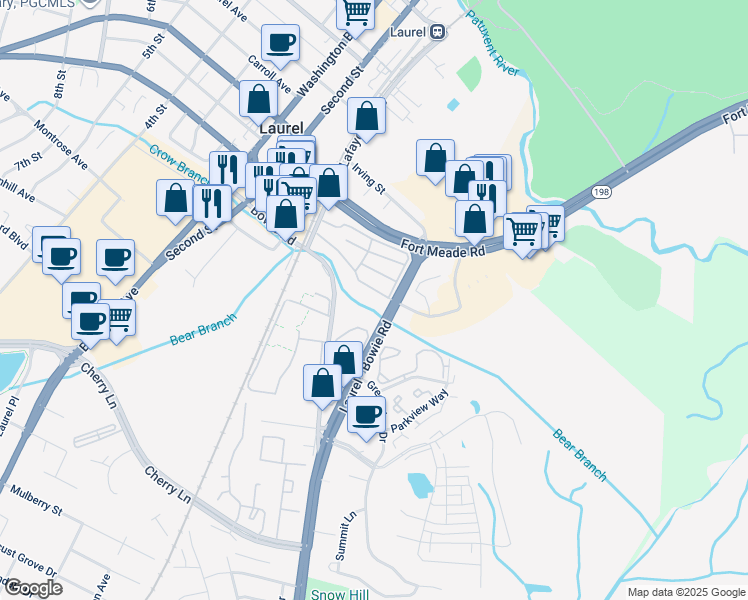 map of restaurants, bars, coffee shops, grocery stores, and more near 106 Morris Drive in Laurel