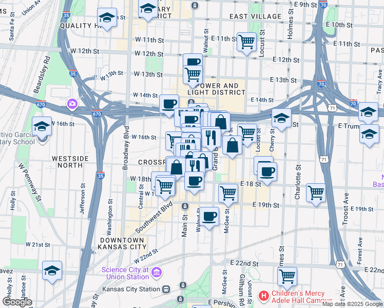 map of restaurants, bars, coffee shops, grocery stores, and more near 1710 Walnut Street in Kansas City
