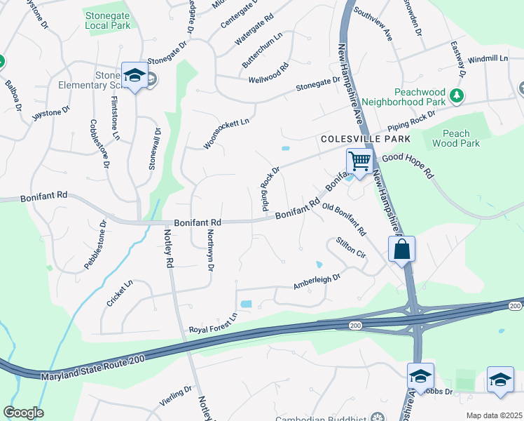 map of restaurants, bars, coffee shops, grocery stores, and more near 2 Piping Rock Drive in Silver Spring