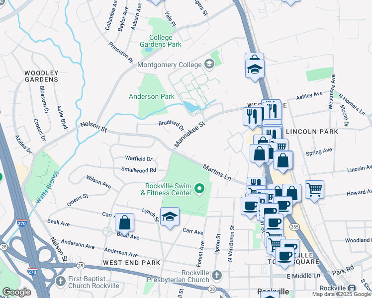 map of restaurants, bars, coffee shops, grocery stores, and more near 390 Martins Lane in Rockville