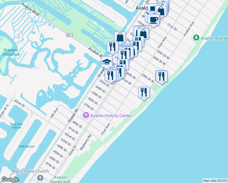 map of restaurants, bars, coffee shops, grocery stores, and more near 188 33rd Street in Avalon