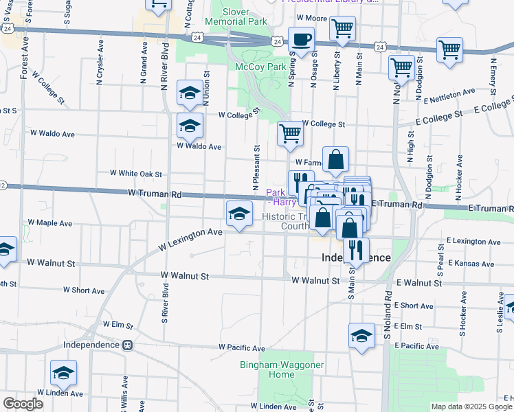 map of restaurants, bars, coffee shops, grocery stores, and more near 520 West Maple Avenue in Independence