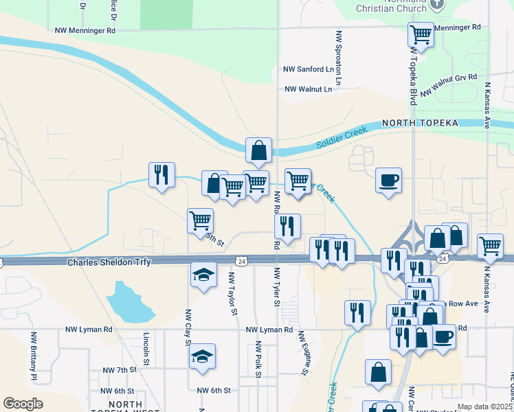 map of restaurants, bars, coffee shops, grocery stores, and more near in Topeka