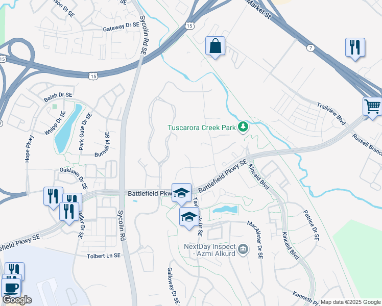 map of restaurants, bars, coffee shops, grocery stores, and more near 314 Shiloh Place Southeast in Leesburg