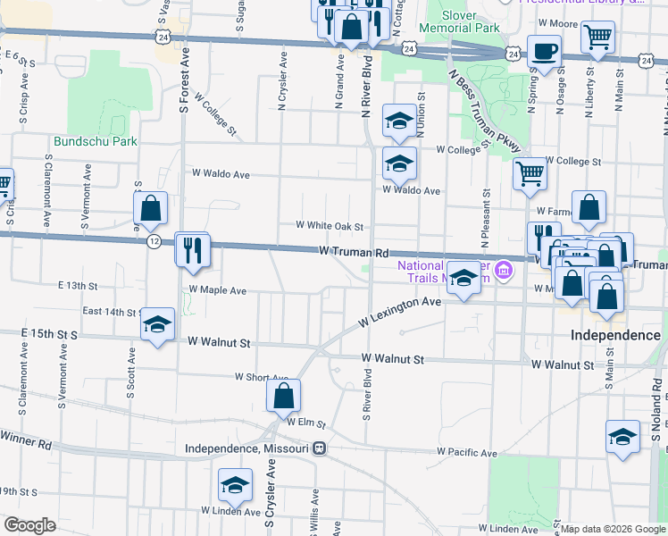 map of restaurants, bars, coffee shops, grocery stores, and more near 1037 West Truman Road in Independence