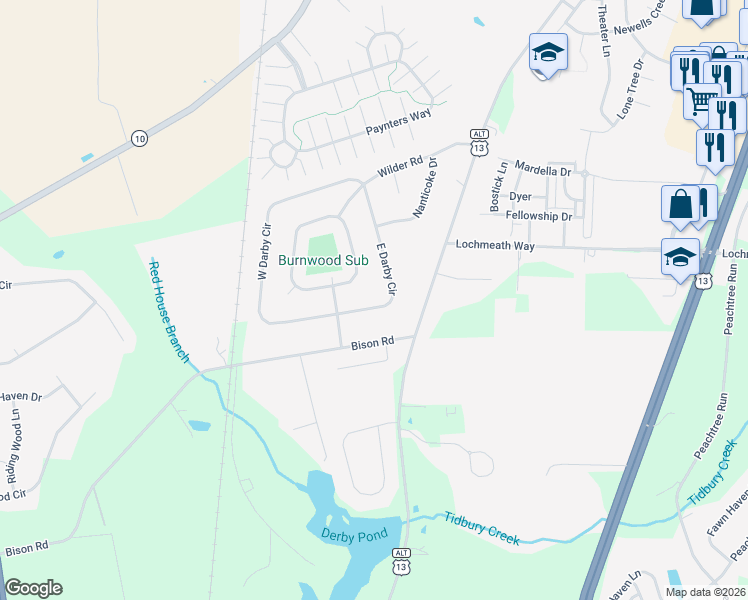 map of restaurants, bars, coffee shops, grocery stores, and more near 27 East Darby Circle in Dover