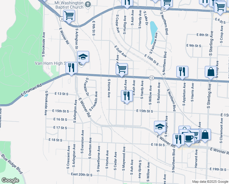 map of restaurants, bars, coffee shops, grocery stores, and more near 1401 South Home Avenue in Independence