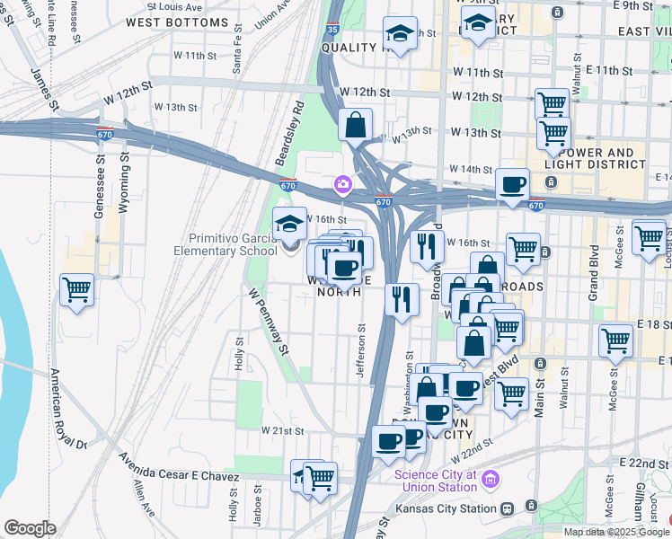 map of restaurants, bars, coffee shops, grocery stores, and more near 1648 Summit Street in Kansas City