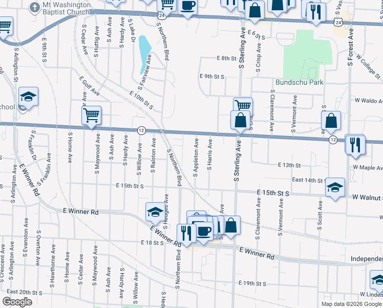 map of restaurants, bars, coffee shops, grocery stores, and more near 1405 South Appleton Avenue in Independence