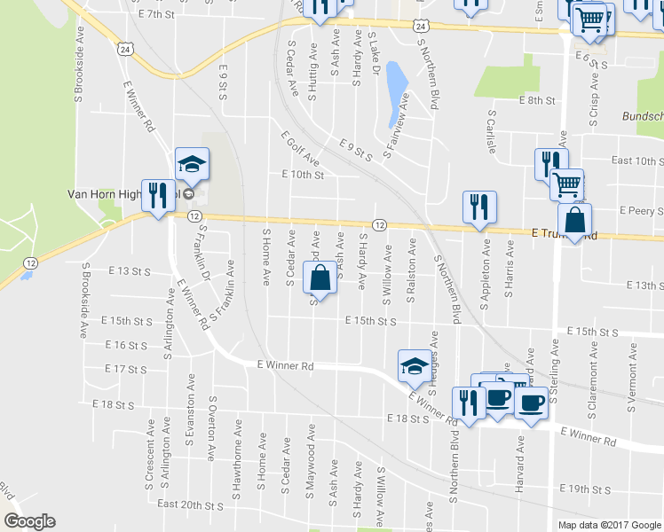 map of restaurants, bars, coffee shops, grocery stores, and more near 1304 South Ash Avenue in Independence