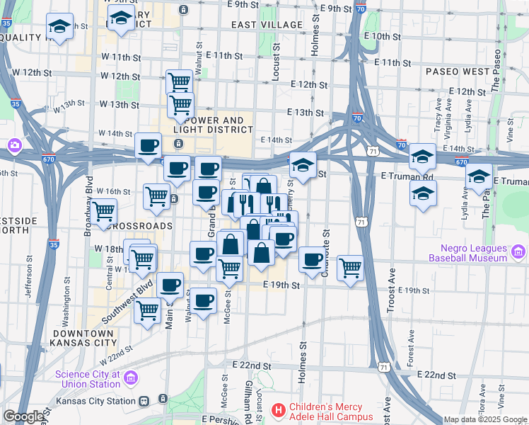 map of restaurants, bars, coffee shops, grocery stores, and more near 1700 Locust Street in Kansas City