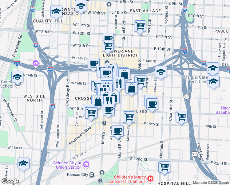 map of restaurants, bars, coffee shops, grocery stores, and more near 1710 Walnut Street in Kansas City