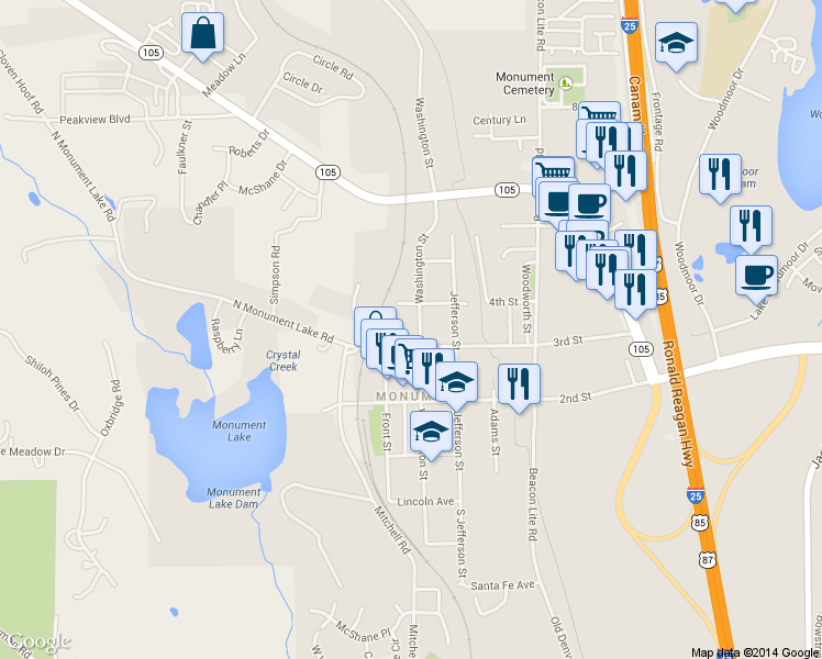 map of restaurants, bars, coffee shops, grocery stores, and more near 77 3rd Street in Monument