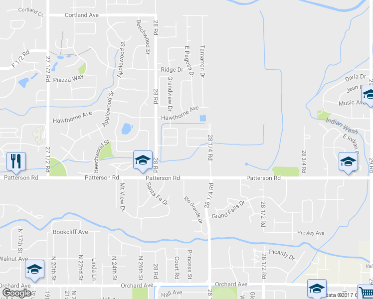 map of restaurants, bars, coffee shops, grocery stores, and more near 2802 Village Park Drive in Grand Junction