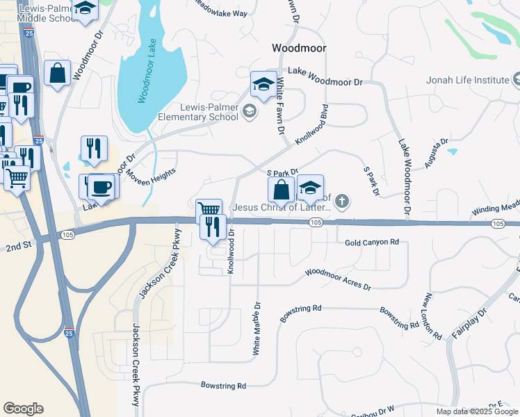map of restaurants, bars, coffee shops, grocery stores, and more near 17995 White Marble Drive in Monument
