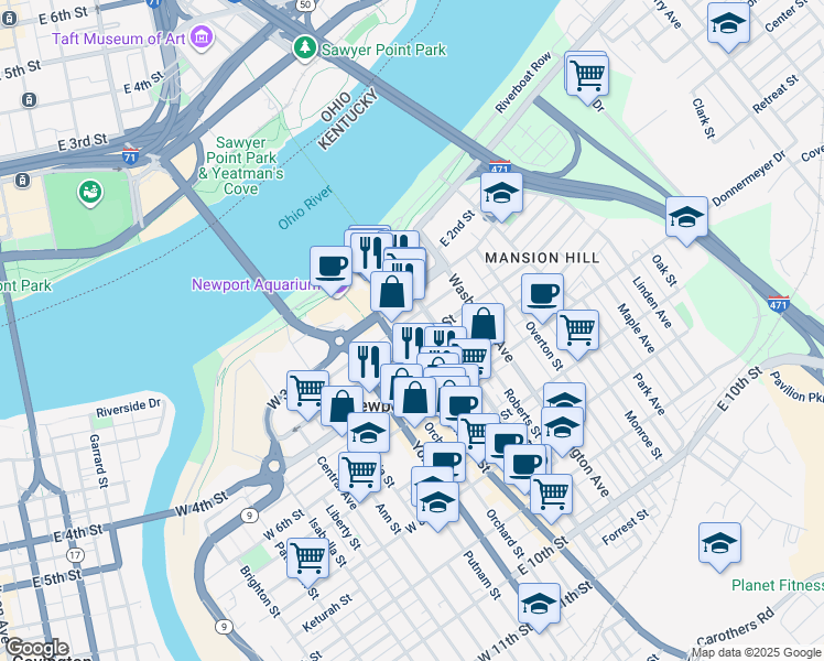 map of restaurants, bars, coffee shops, grocery stores, and more near 342 Monmouth Street in Newport