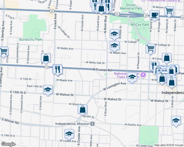 map of restaurants, bars, coffee shops, grocery stores, and more near 1046 West Maple Avenue in Independence