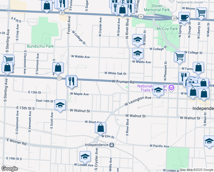 map of restaurants, bars, coffee shops, grocery stores, and more near 1212 West Maple Avenue in Independence