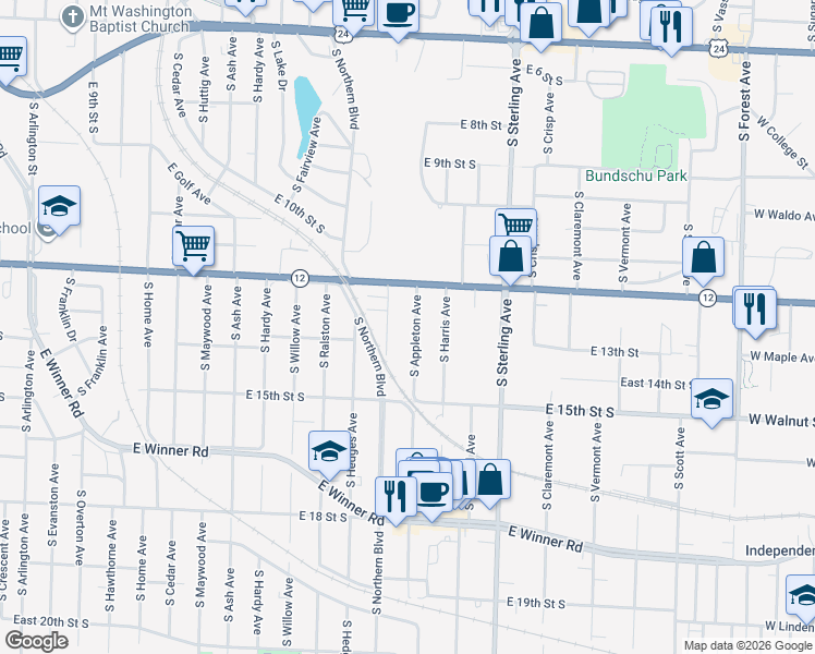 map of restaurants, bars, coffee shops, grocery stores, and more near 1405 South Appleton Avenue in Independence
