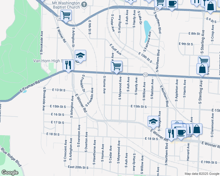 map of restaurants, bars, coffee shops, grocery stores, and more near 1401 South Home Avenue in Independence
