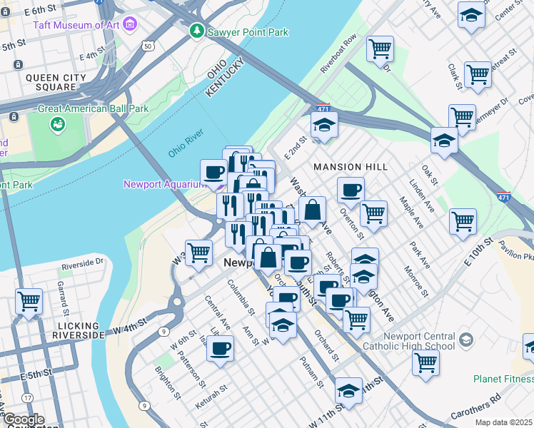 map of restaurants, bars, coffee shops, grocery stores, and more near 101 East 4th Street in Newport