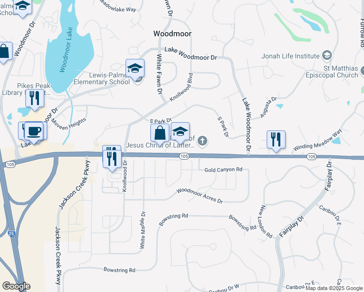 map of restaurants, bars, coffee shops, grocery stores, and more near 1150 Village Ridge Point in Monument