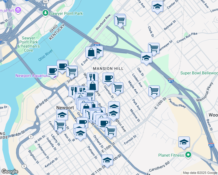 map of restaurants, bars, coffee shops, grocery stores, and more near 625 -2 Overton Street in Newport
