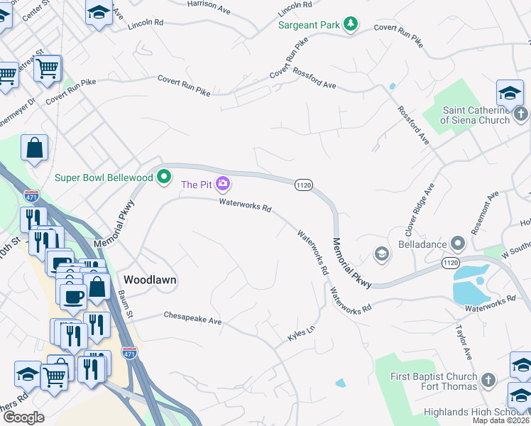 map of restaurants, bars, coffee shops, grocery stores, and more near 1446A Waterworks Road in Fort Thomas
