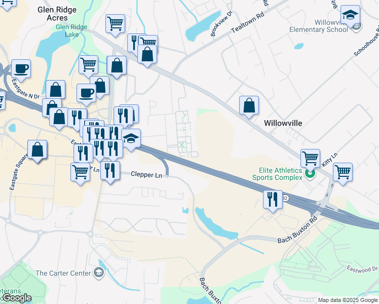 map of restaurants, bars, coffee shops, grocery stores, and more near 21 County Seat in Batavia