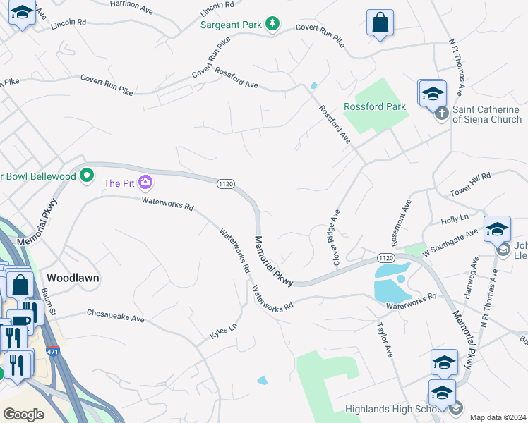map of restaurants, bars, coffee shops, grocery stores, and more near 900 Oakwood Drive in Fort Thomas