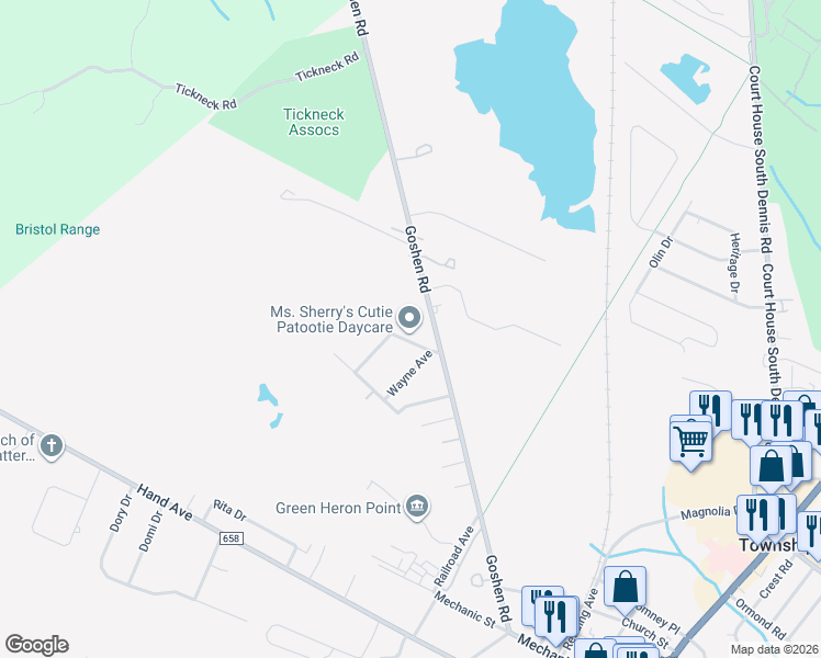 map of restaurants, bars, coffee shops, grocery stores, and more near 525 Goshen Road in Cape May County