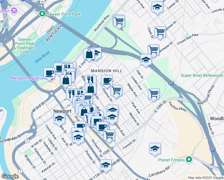 map of restaurants, bars, coffee shops, grocery stores, and more near 521 Monroe Street in Newport