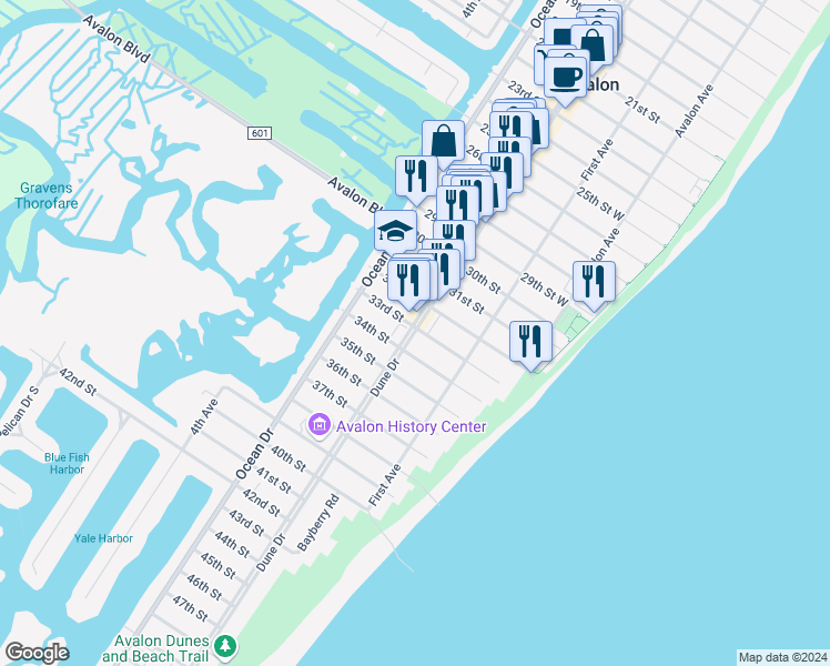 map of restaurants, bars, coffee shops, grocery stores, and more near 188 33rd Street in Avalon