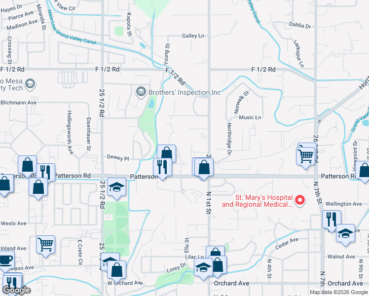 map of restaurants, bars, coffee shops, grocery stores, and more near 600 Meander Drive in Grand Junction