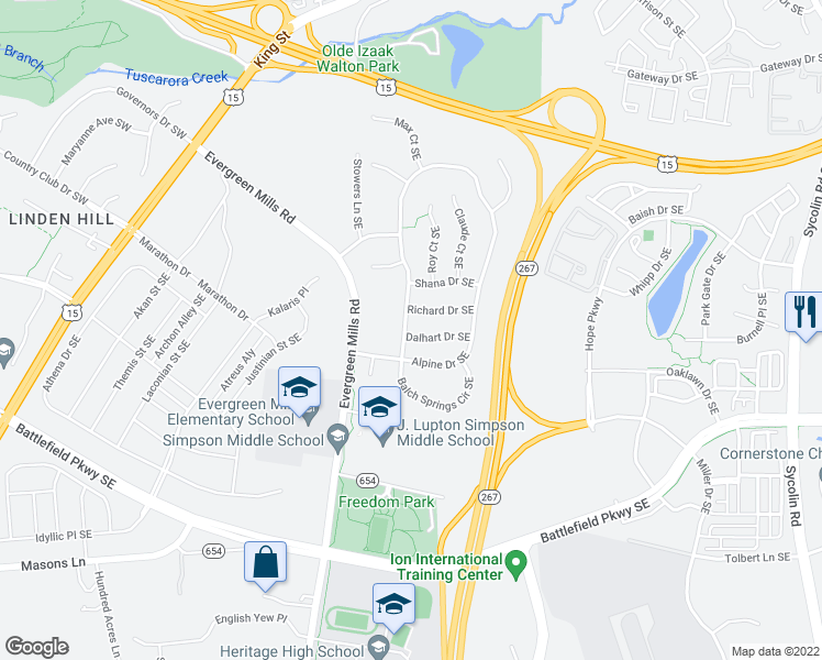 map of restaurants, bars, coffee shops, grocery stores, and more near 240 Alpine Drive Southeast in Leesburg