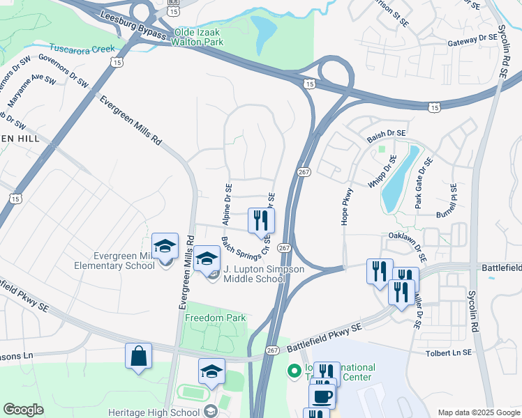map of restaurants, bars, coffee shops, grocery stores, and more near 118 Dalhart Drive Southeast in Leesburg
