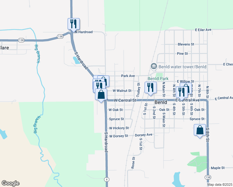 map of restaurants, bars, coffee shops, grocery stores, and more near 304 West Walnut Street in Benld