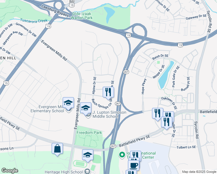 map of restaurants, bars, coffee shops, grocery stores, and more near 118 Dalhart Drive Southeast in Leesburg