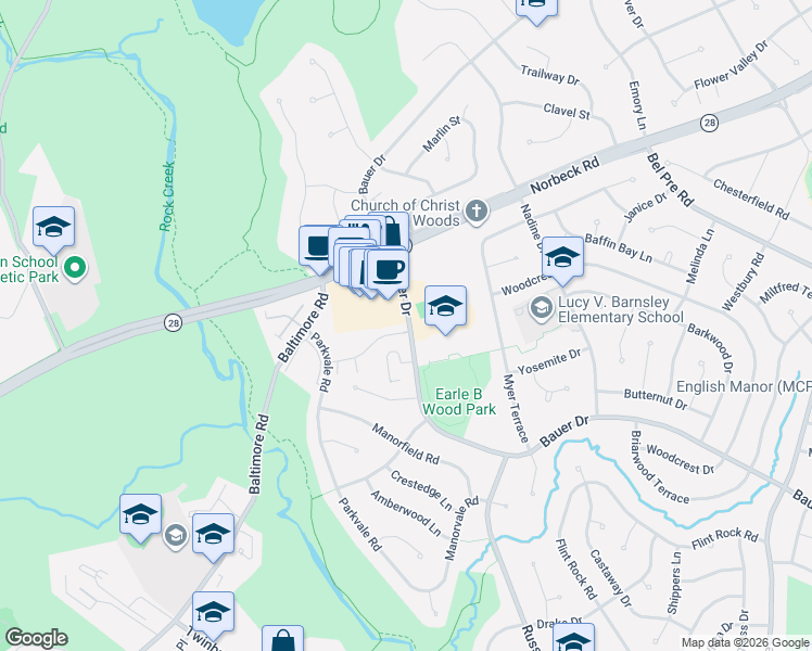 map of restaurants, bars, coffee shops, grocery stores, and more near 14626 Bauer Drive in Rockville