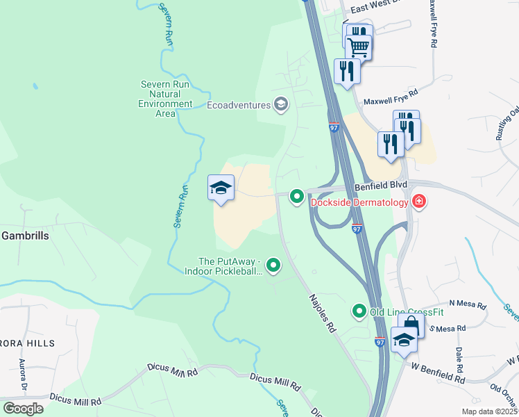 map of restaurants, bars, coffee shops, grocery stores, and more near 1111 Benfield Boulevard in Millersville