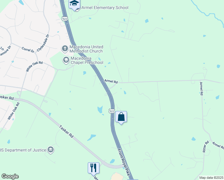 map of restaurants, bars, coffee shops, grocery stores, and more near 2573 Front Royal Pike in Winchester