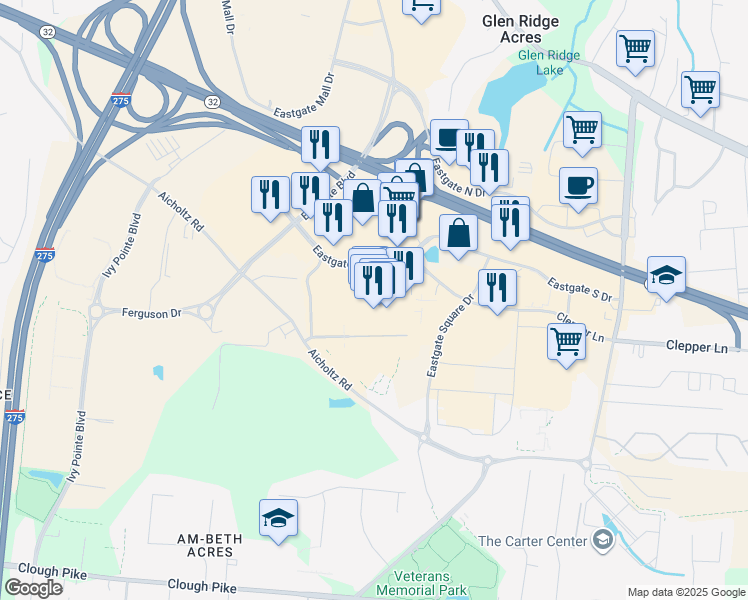 map of restaurants, bars, coffee shops, grocery stores, and more near 4450 Eastgate South Drive in Cincinnati