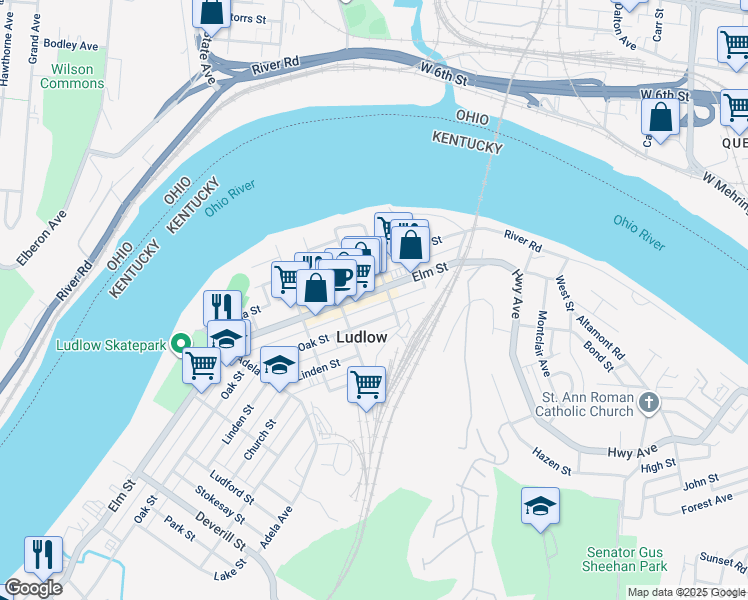 map of restaurants, bars, coffee shops, grocery stores, and more near 47 Euclid Street in Ludlow