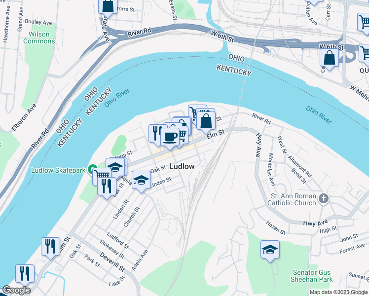 map of restaurants, bars, coffee shops, grocery stores, and more near 47 Euclid Street in Ludlow