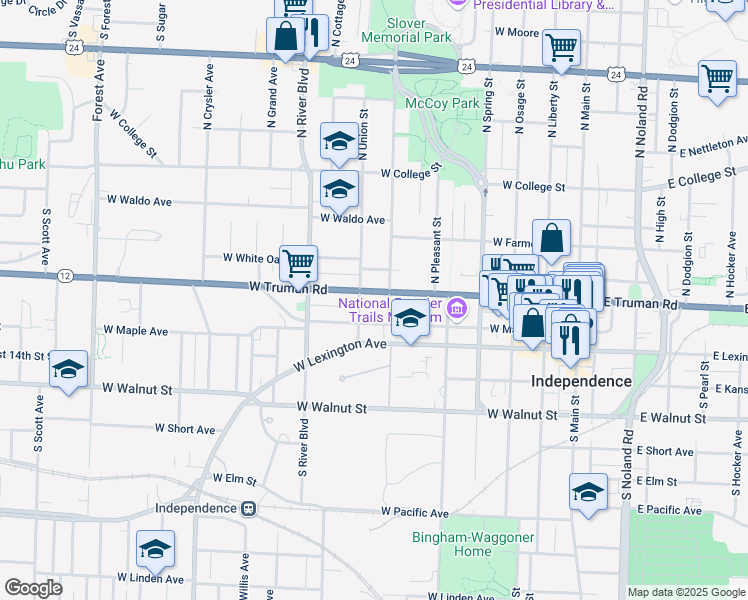 map of restaurants, bars, coffee shops, grocery stores, and more near 800 Missouri 12 in Independence