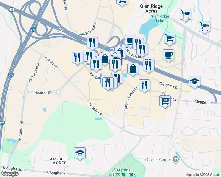 map of restaurants, bars, coffee shops, grocery stores, and more near 4450 Eastgate South Drive in Cincinnati