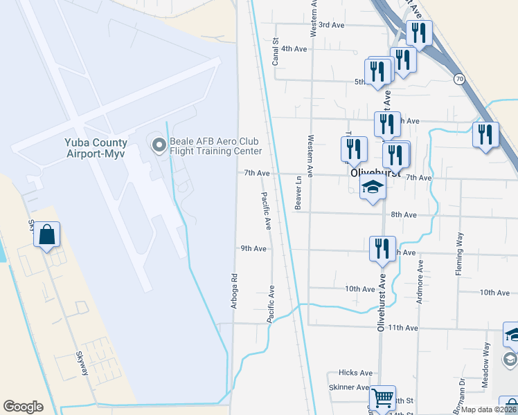 map of restaurants, bars, coffee shops, grocery stores, and more near 4859 Arboga Road in Olivehurst
