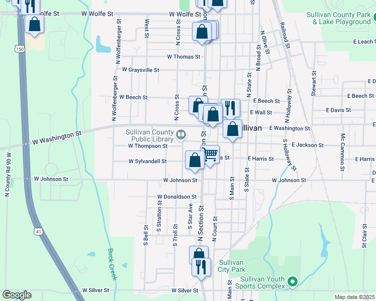 map of restaurants, bars, coffee shops, grocery stores, and more near 200-298 W Jackson St in Sullivan