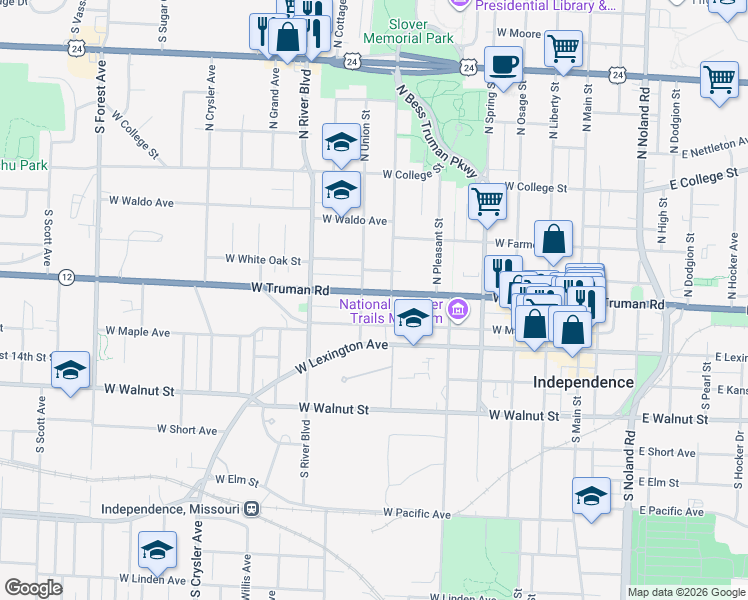 map of restaurants, bars, coffee shops, grocery stores, and more near 800 Missouri 12 in Independence