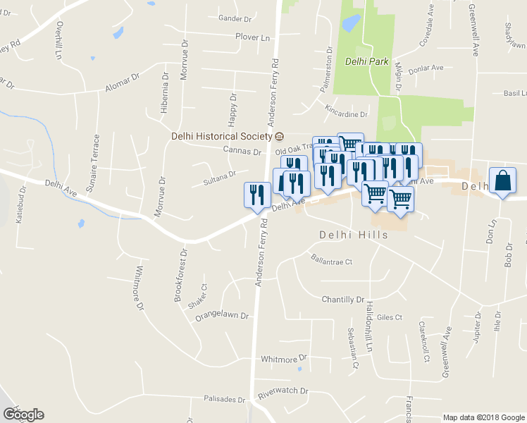 map of restaurants, bars, coffee shops, grocery stores, and more near 5301 Delhi Rd in Cincinnati